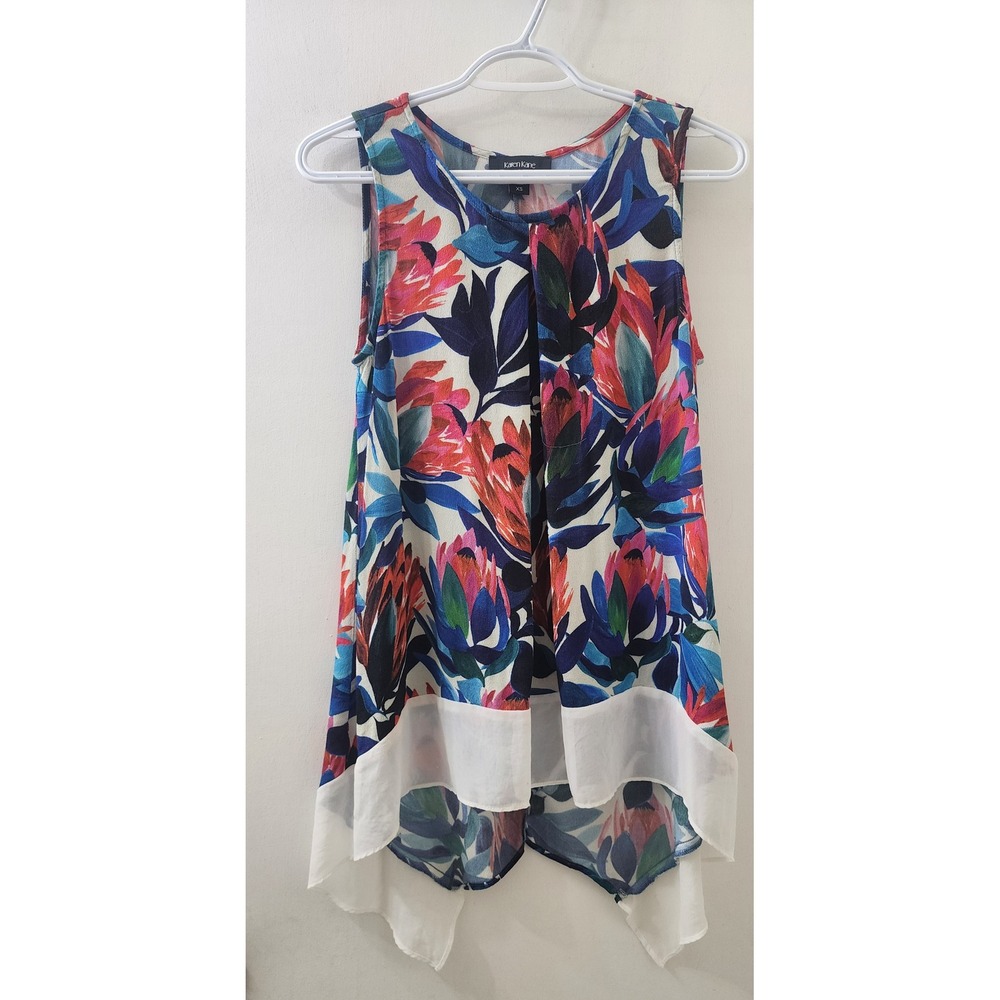 Karen Kane Womens XS Floral High Low Sleeveless Blouse Blue Pink 4L49102